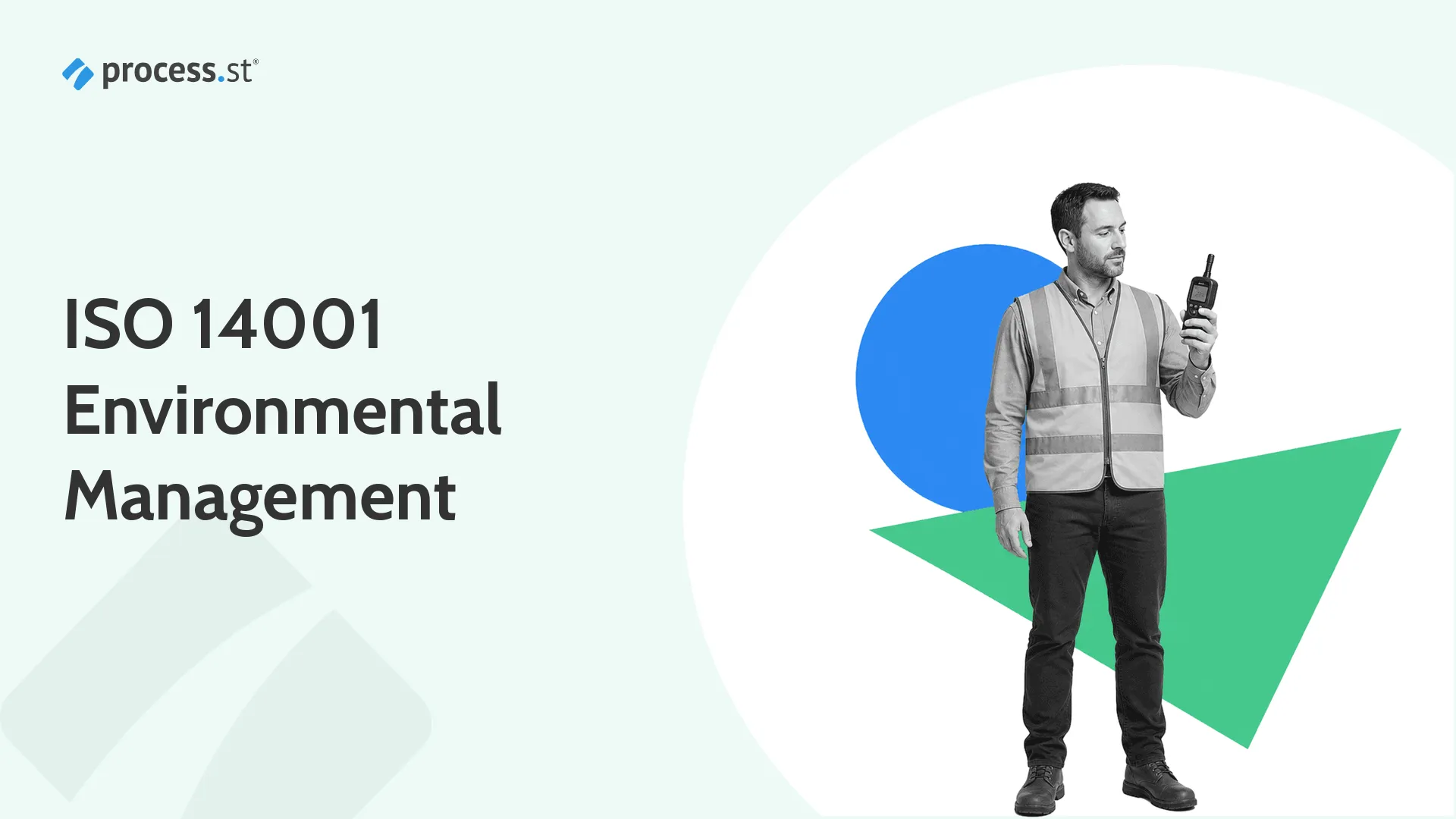 Environmental compliance manager in a hi-vis vest taking a reading with a handheld environmental monitor while running an ISO 14001 environmental management system
