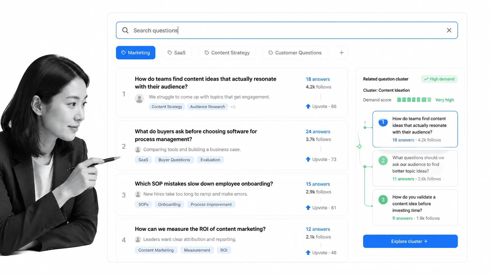 No-logo question feed showing audience questions and topic clusters for content research