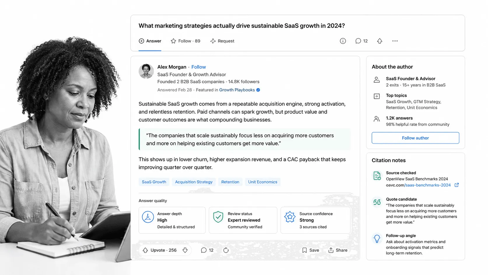 No-logo expert answer card with citation notes for content research