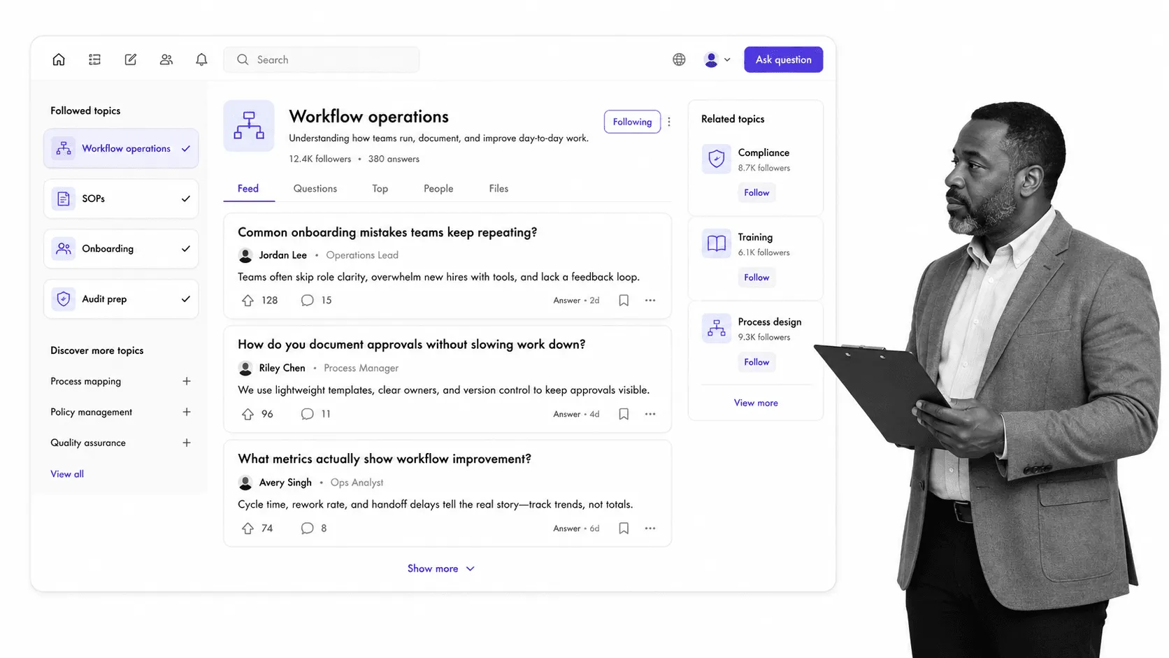No-logo topic hub showing related questions and niche knowledge signals