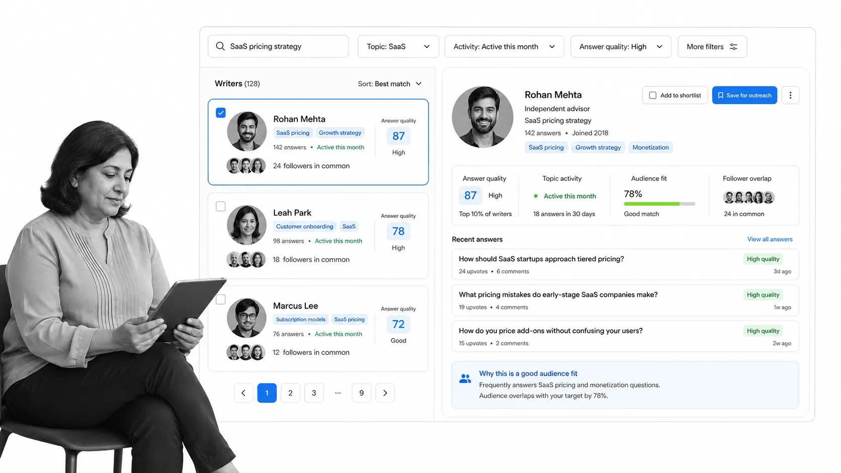 No-logo writer discovery surface for finding niche experts and outreach candidates