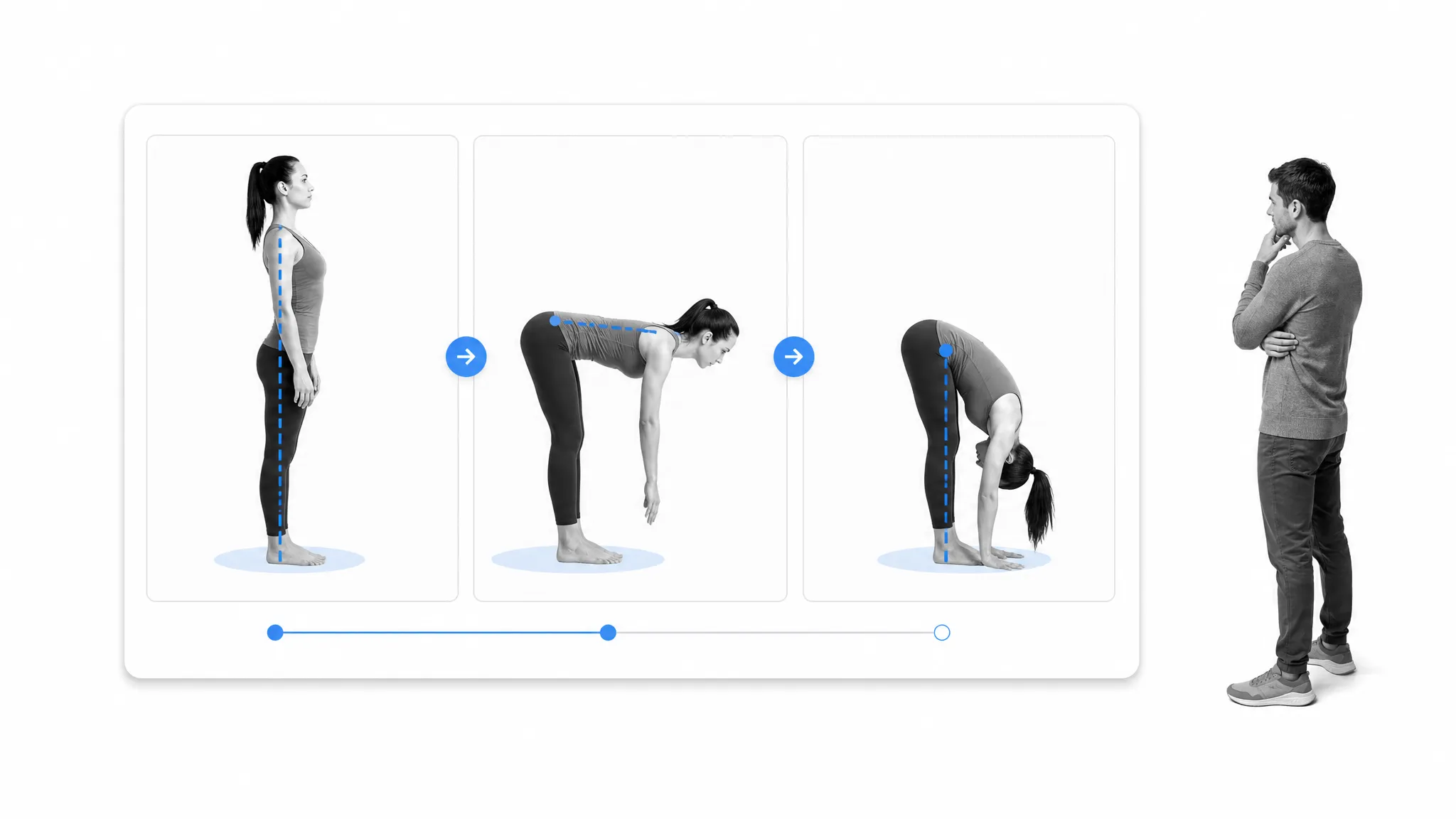 B&W office worker at the edge of a clean sequence graphic for a standing forward fold