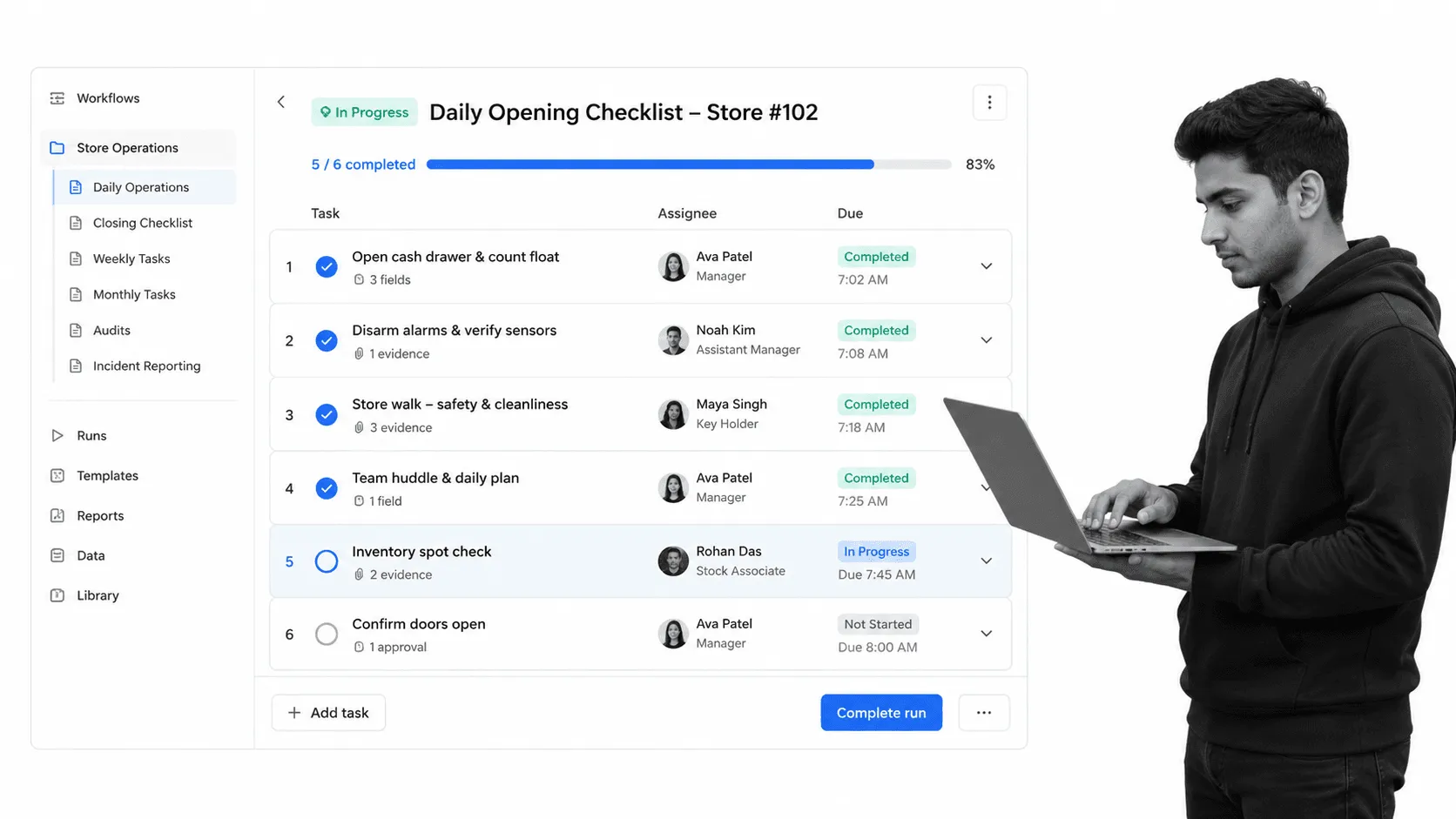 Daily store opening checklist workflow surface