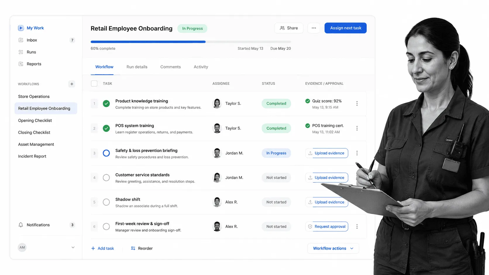 Retail employee onboarding checklist workflow surface