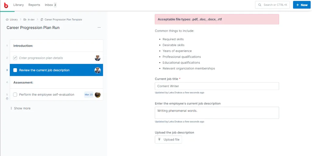 Screenshot of the upload field in a Process Street workflow