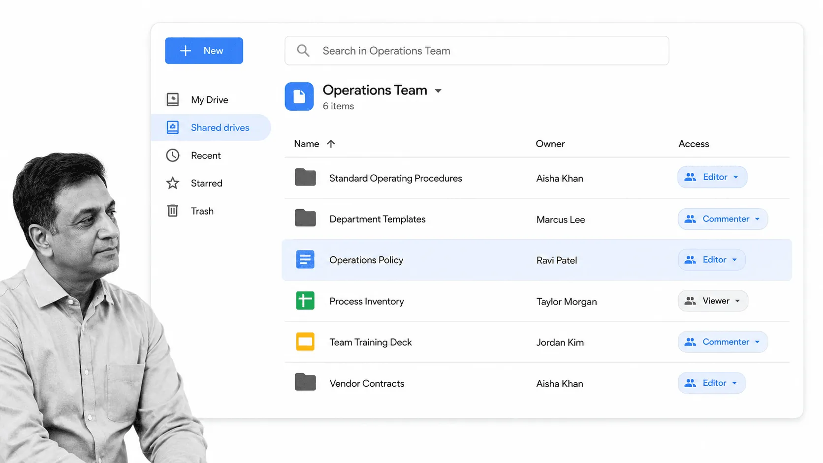 Google Drive document management workspace with shared folders and version activity