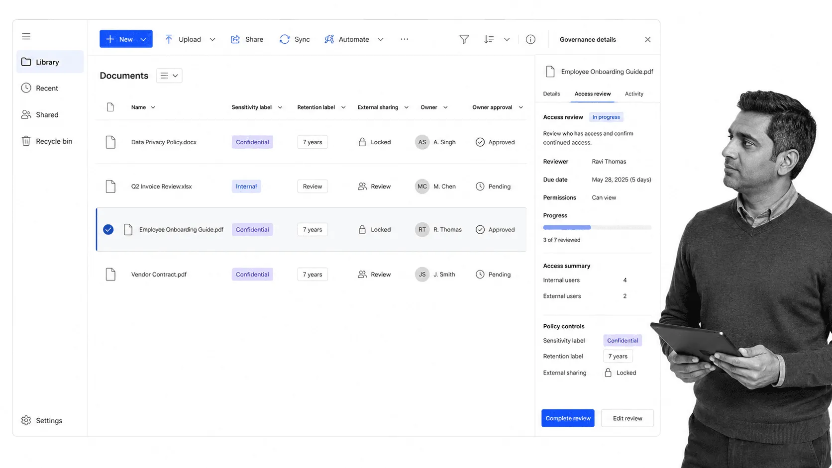 Microsoft SharePoint document library with metadata and retention controls
