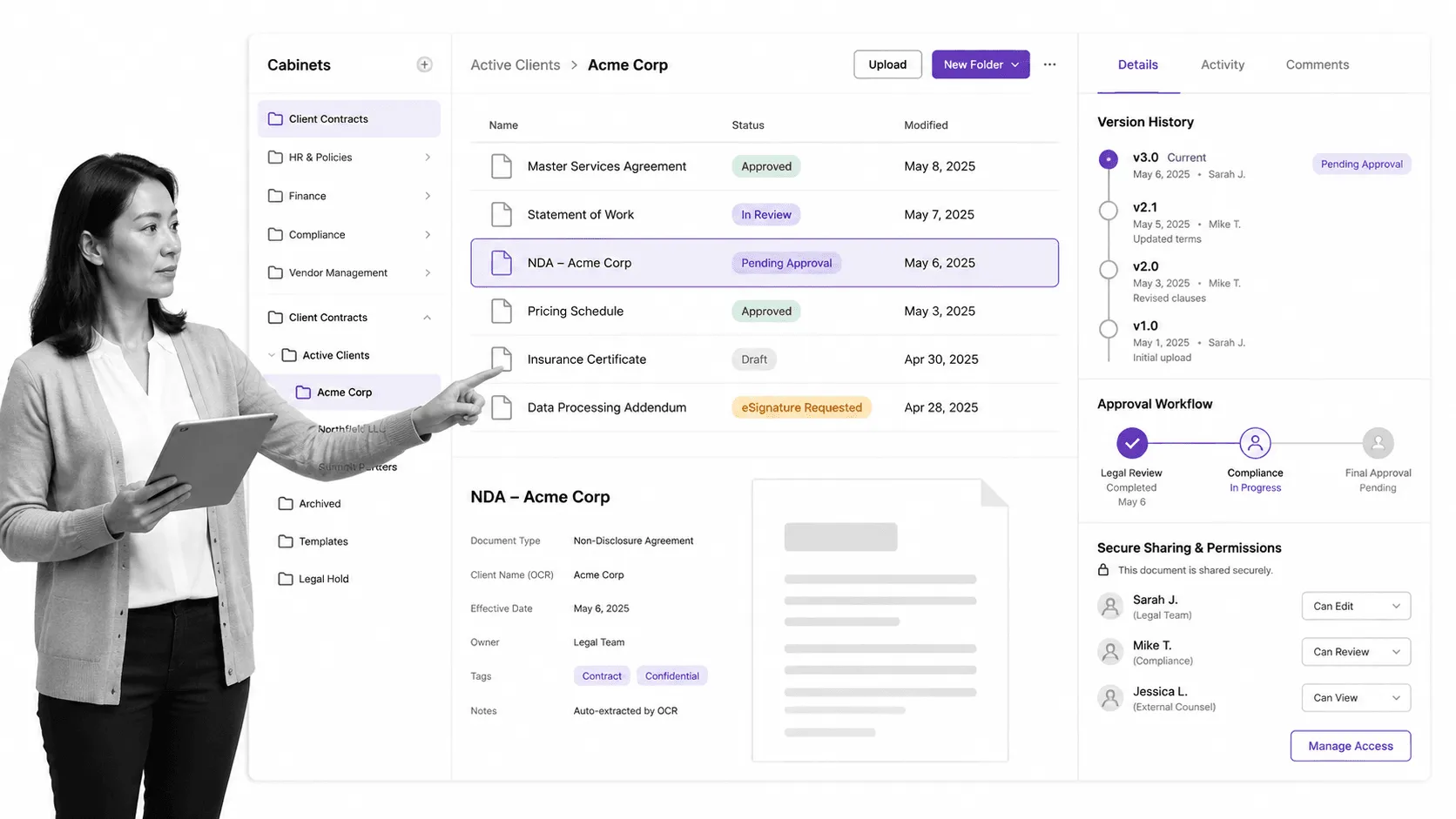 Revver document management dashboard with file cabinets and approval queue