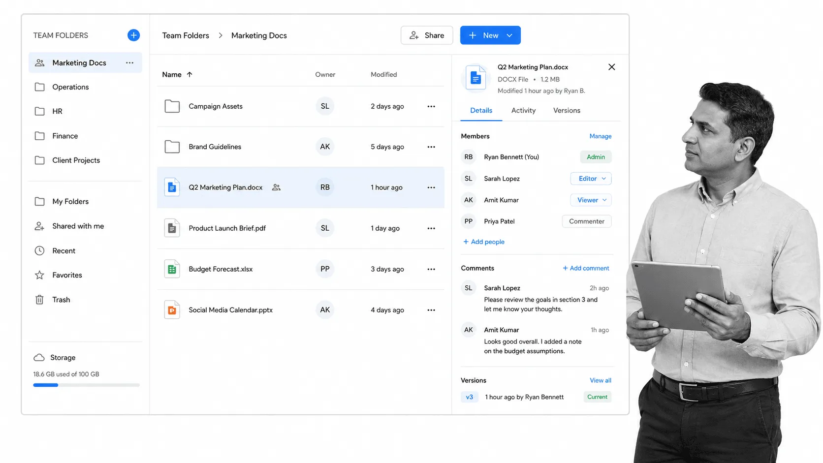 Zoho WorkDrive document management workspace with folders and approval controls