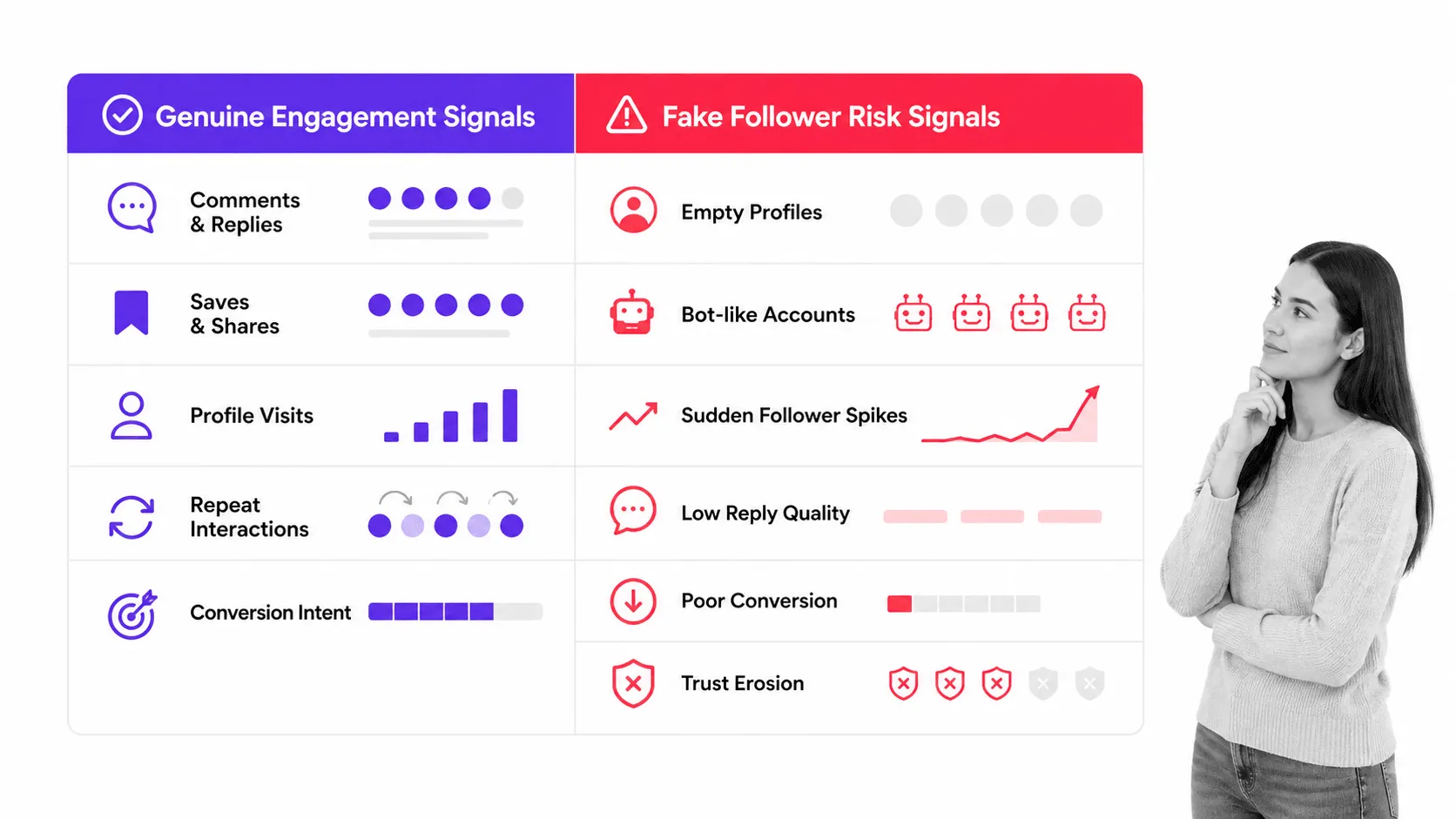 Genuine audience quality matrix comparing real followers with fake follower risks