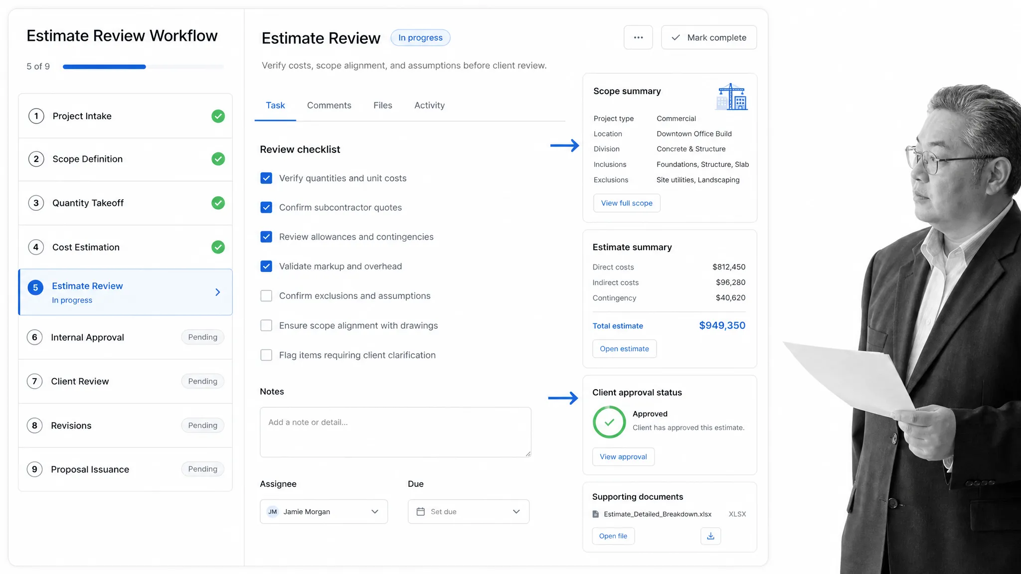 Construction proposal workflow screen with estimate review and client approval status