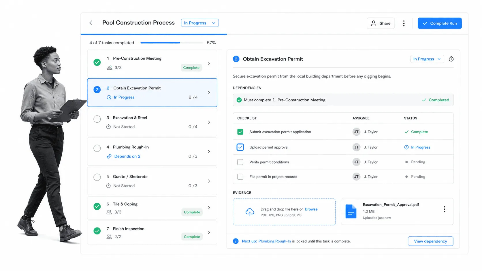 Pool construction workflow screen with excavation permit task and dependency tracking