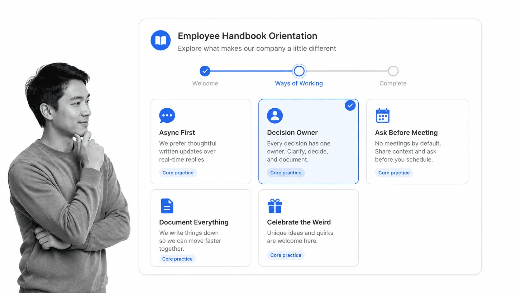 Employee handbook orientation surface introducing distinctive company practices with a small black-and-white employee.