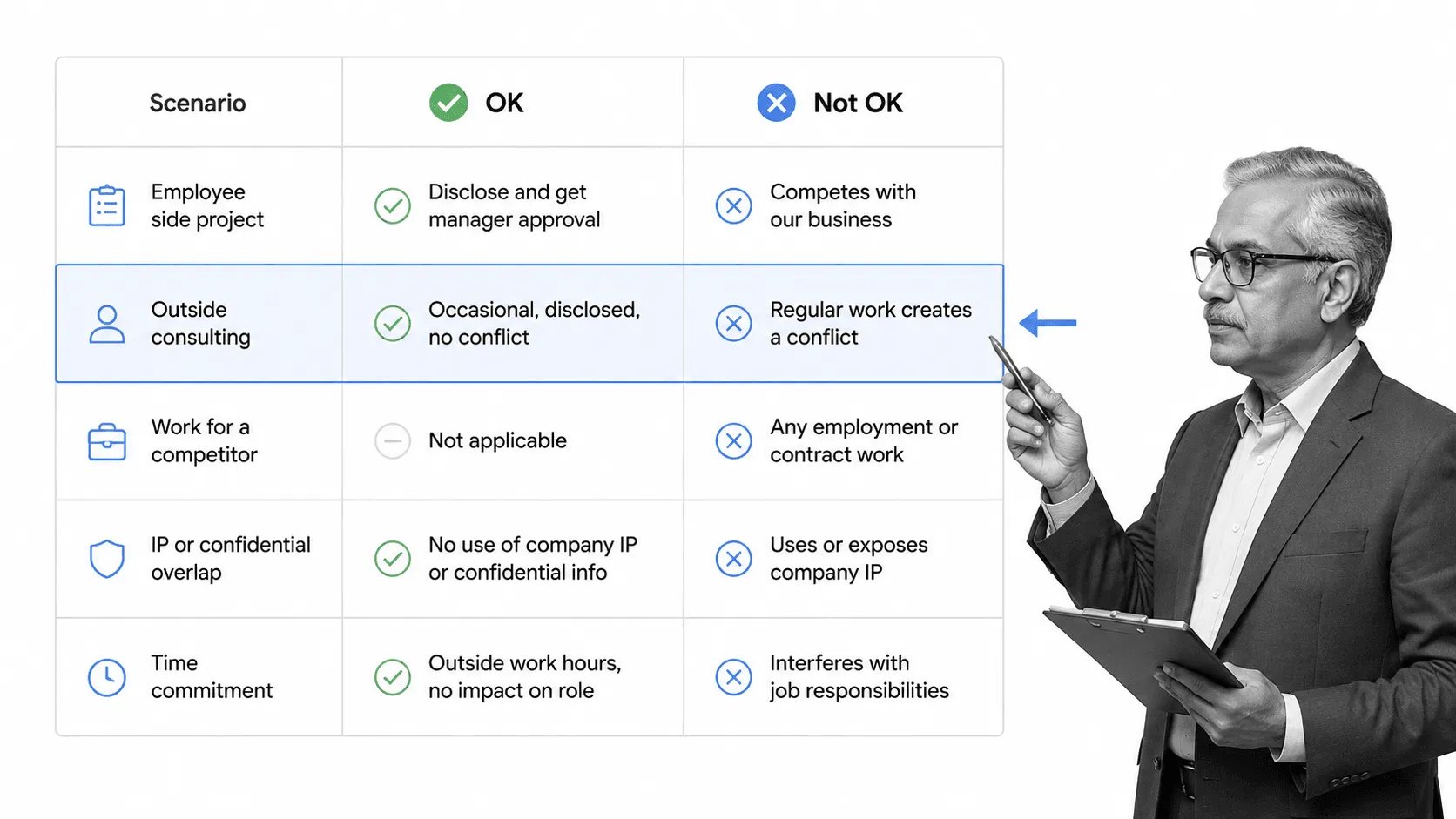Side-project and moonlighting policy matrix with a small black-and-white employee at the edge.