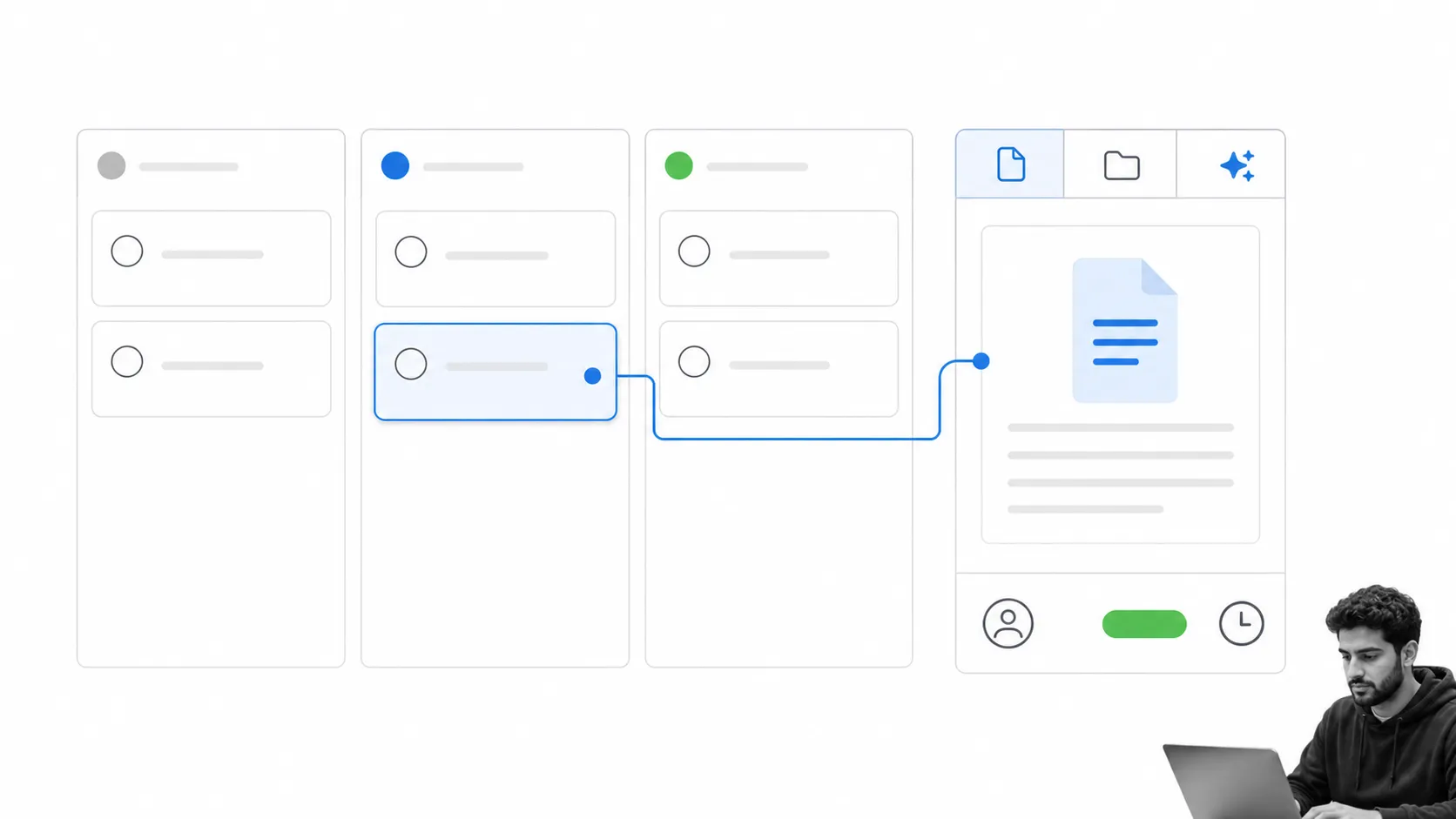 ClickUp style task board with one task connected to a document without product branding
