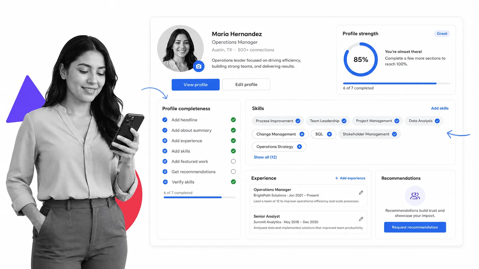 Professional LinkedIn profile completeness checklist with a black and white person reviewing profile details