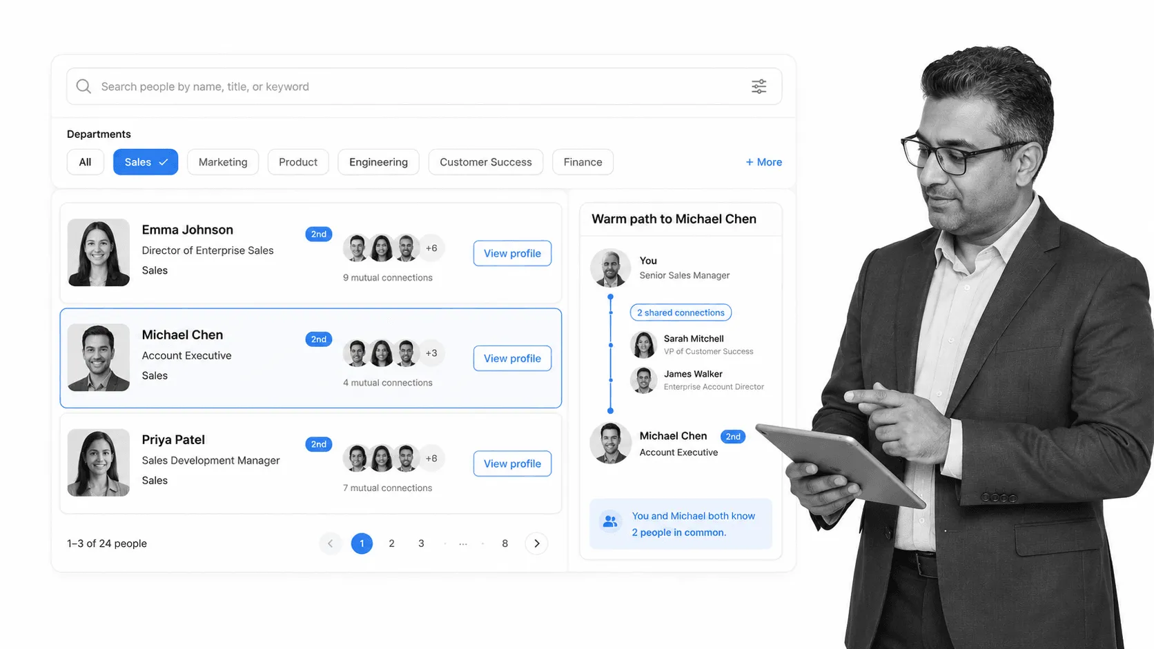 People search interface showing employee network paths with a black and white person reviewing contacts