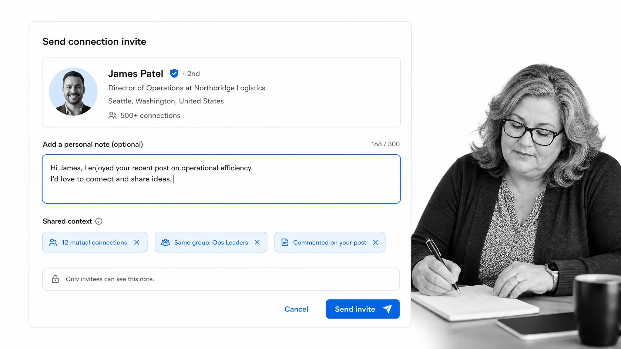 Personalized connection invitation interface with a black and white person writing a note