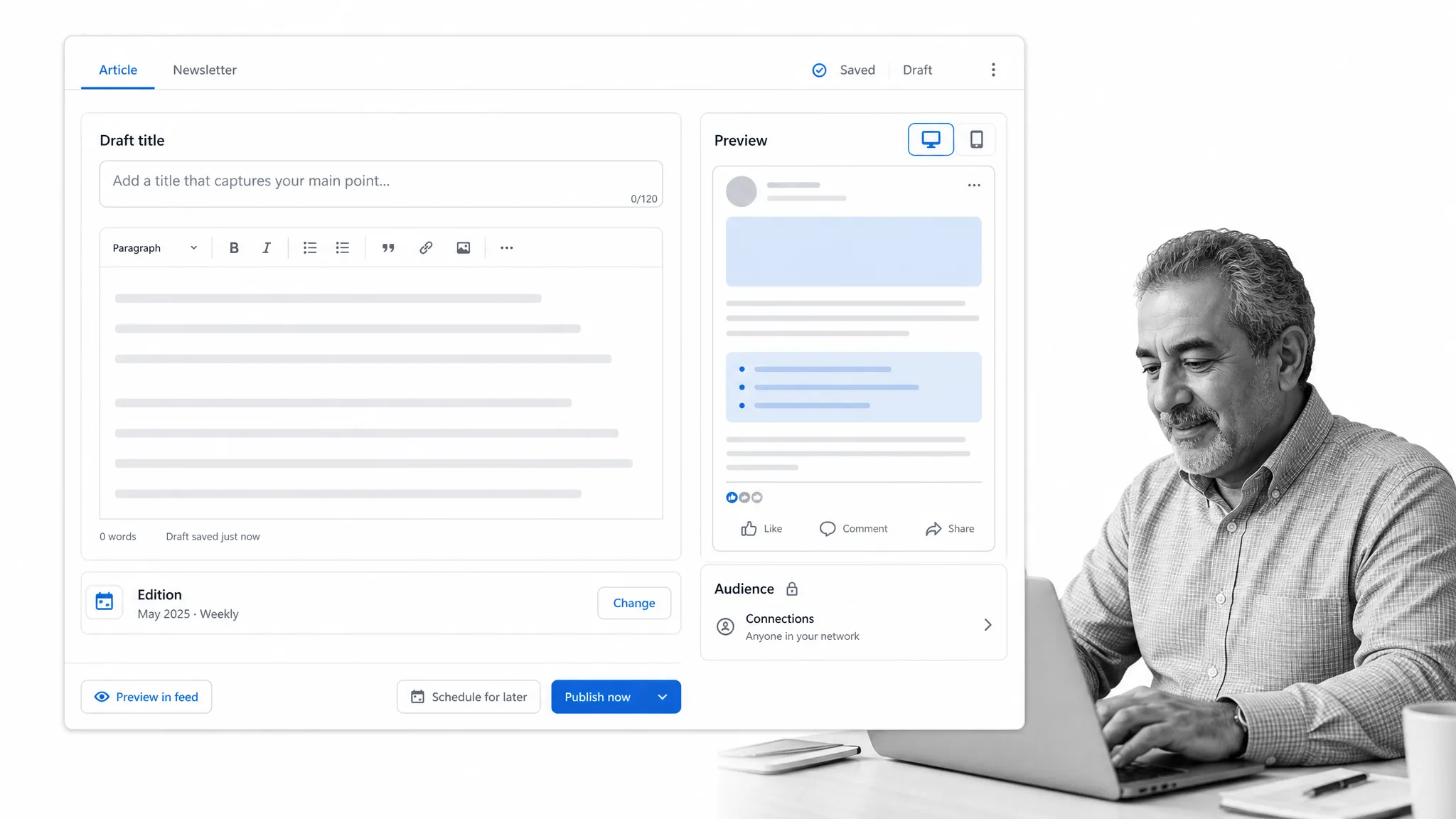 Article publishing workspace with a black and white person preparing professional content