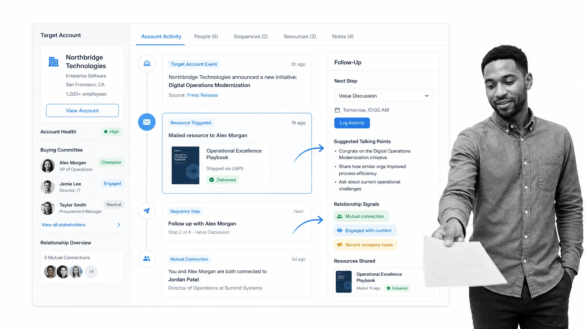 Account based outreach workspace with a black and white person coordinating follow up channels