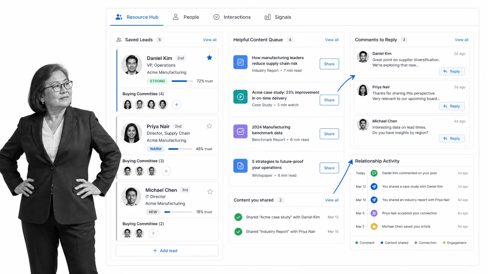 Professional resource hub dashboard with a black and white person organizing useful materials
