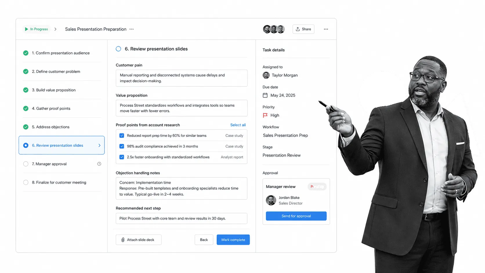 Process Street workflow for preparing a customer sales presentation
