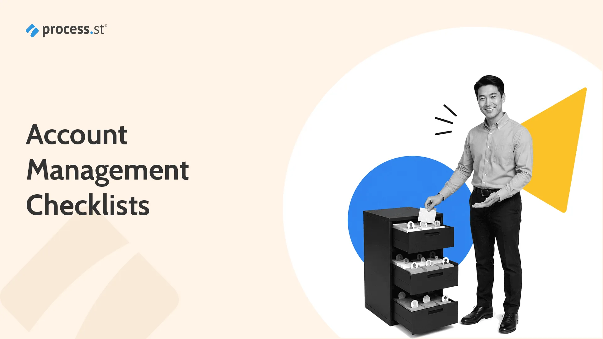 Black-and-white customer success operator beside a customer account filing cabinet for account management checklists