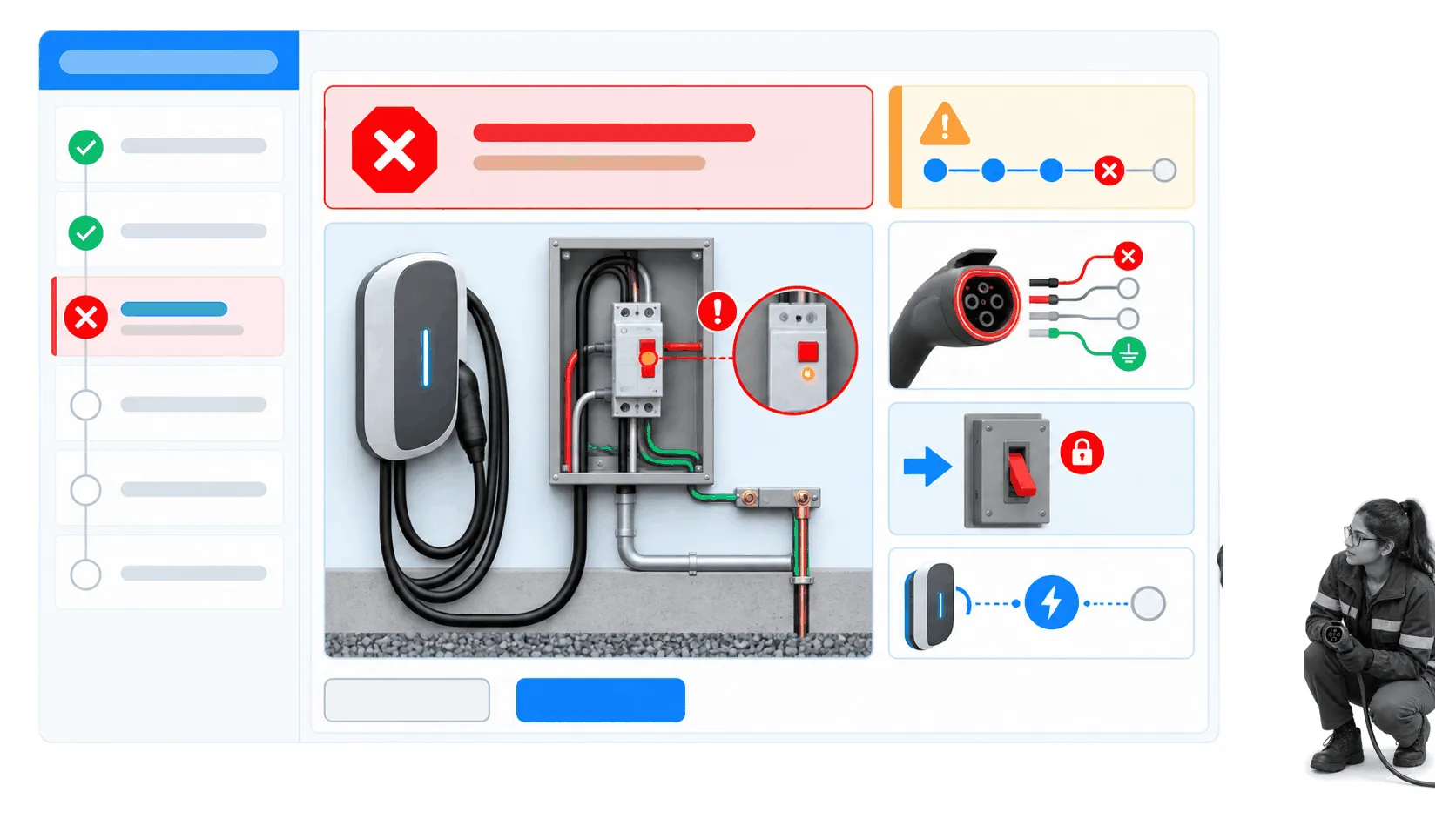 EV charging equipment inspection workflow with disconnect, grounding, and protection checks