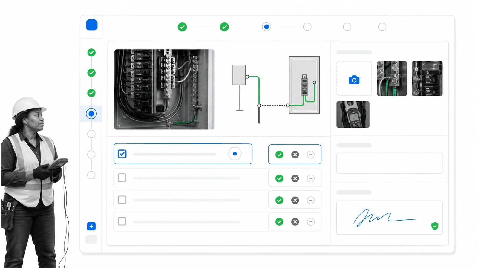 General electrical inspection workflow with grounding, bonding, protection, and evidence checks