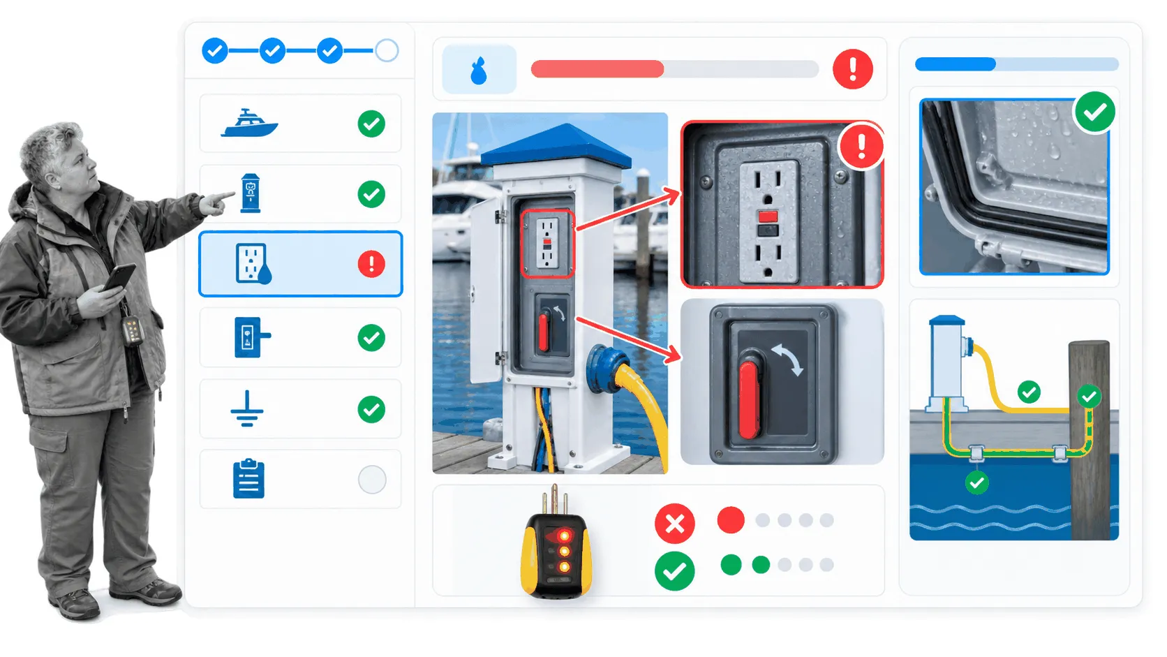 Marina shore-power inspection workflow with wet-location protection and bonding checks