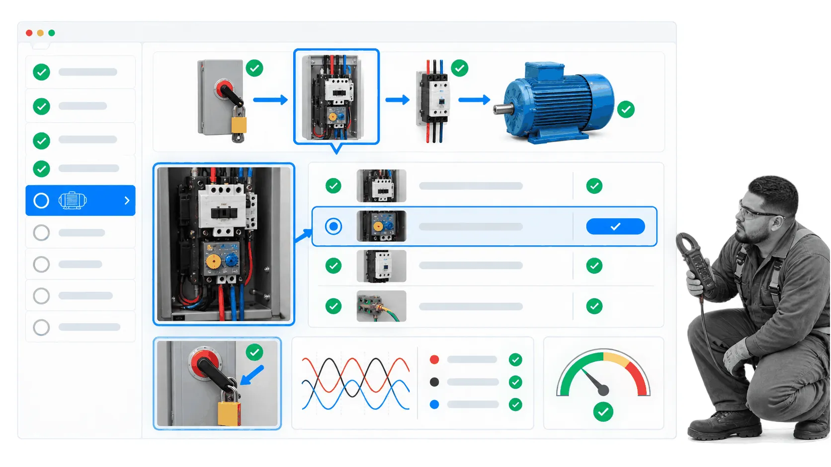 Industrial motor circuit inspection workflow with controller, disconnect, and overload protection checks