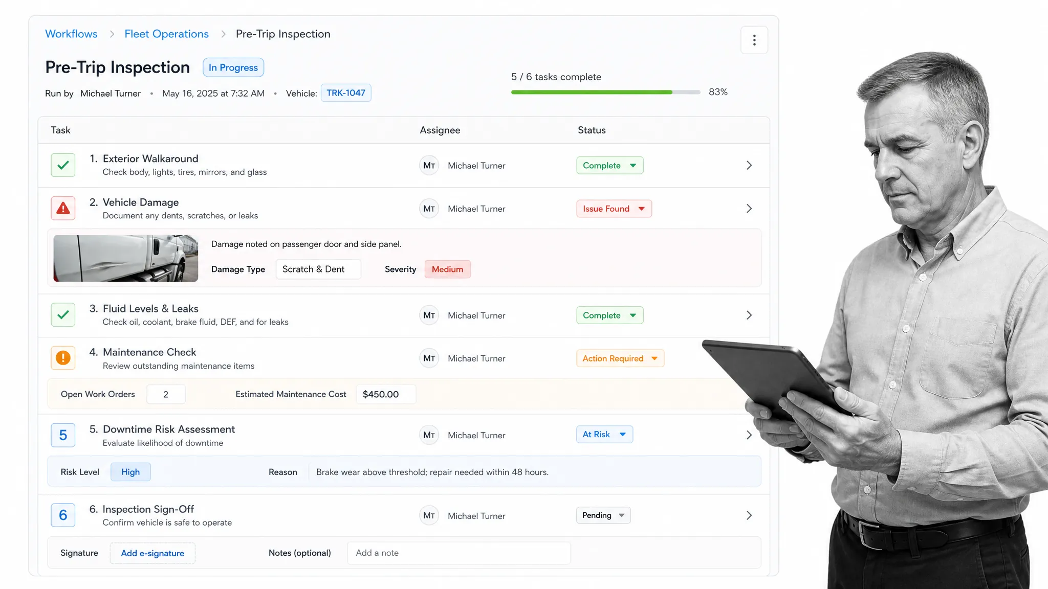 Fleet pretrip inspection workflow run in Process Street