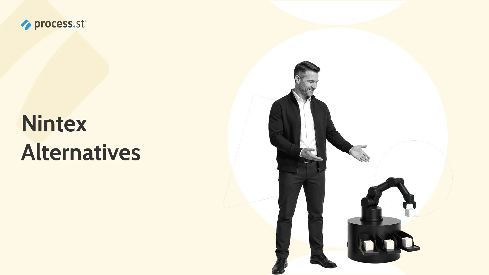 Black-and-white operations leader routing workflow blocks through a compact automation machine for Nintex alternatives.