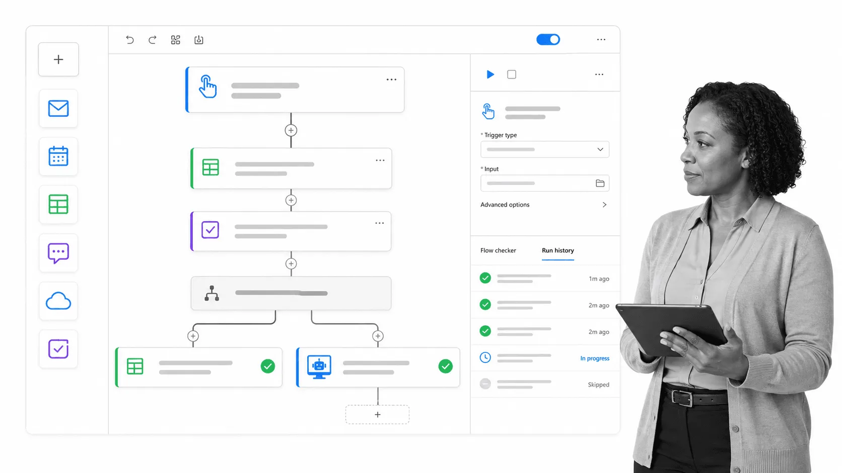 Microsoft Power Automate workflow builder with branching flow steps