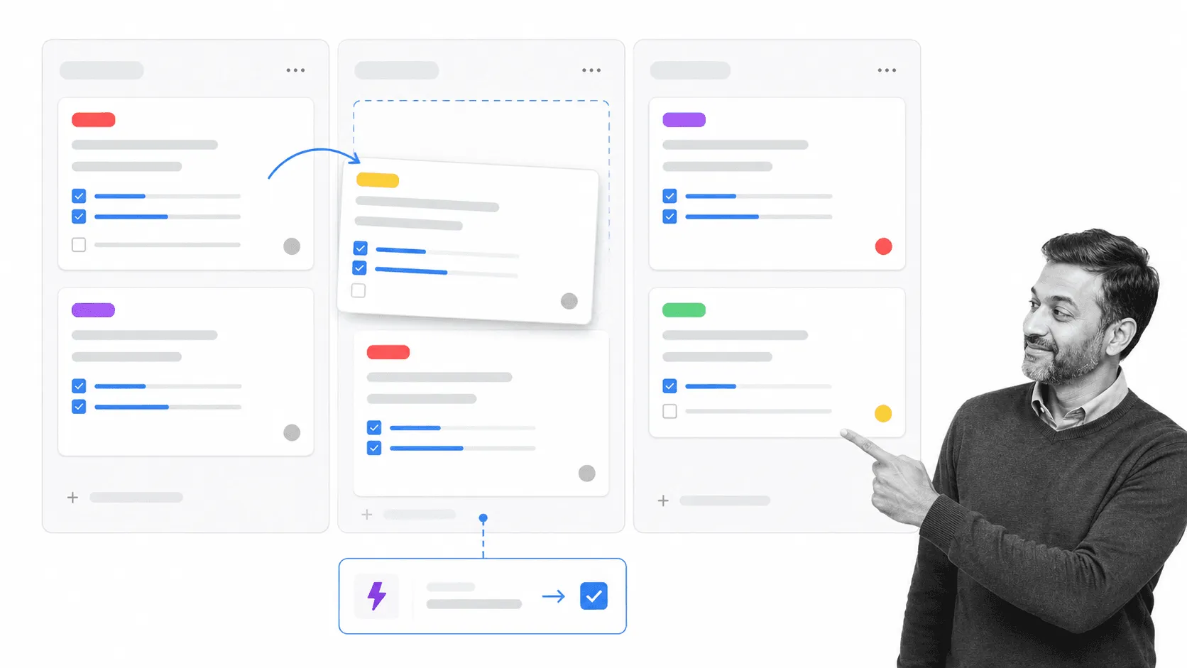 Trello-style kanban board with automation and checklist cues