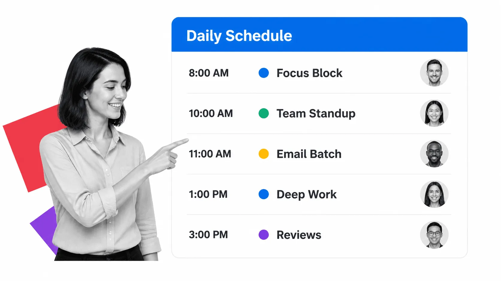 Daily schedule workflow showing time-blocked tasks including focus blocks, team standup, email batch, and reviews
