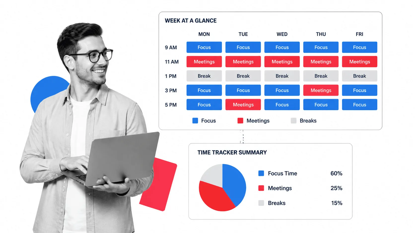 Week at a glance calendar with color-coded time blocks alongside a time tracker summary with focus and meeting percentages