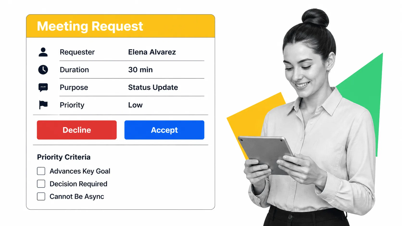 Meeting request evaluation card with priority criteria checklist for deciding whether to accept or decline