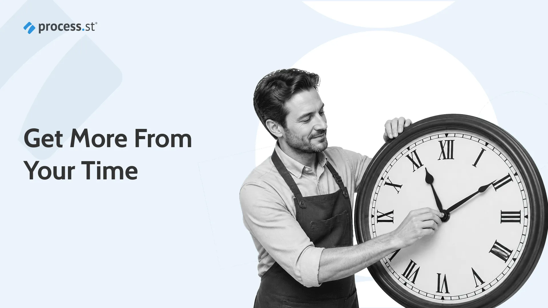 Person in a work apron carefully adjusting the hands of a large vintage wall clock, illustrating deliberate time management
