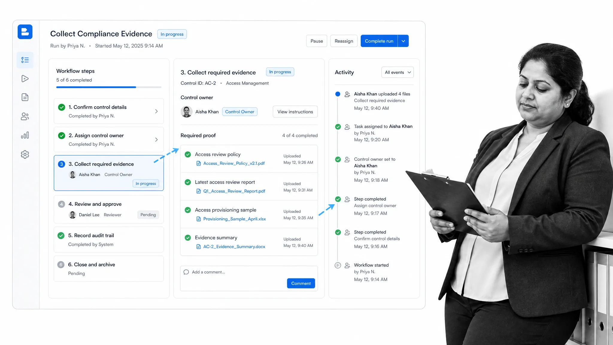 BPM compliance evidence dashboard with photographic person context