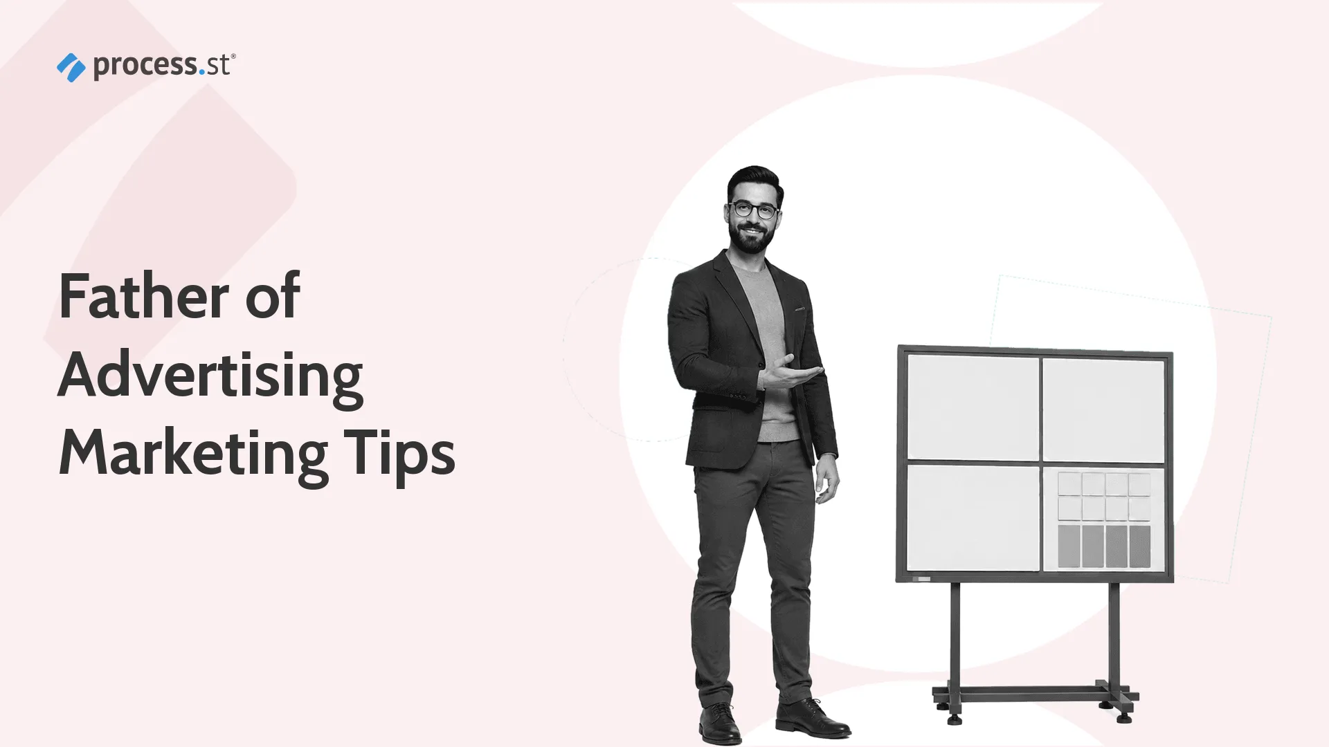 Black-and-white advertising strategist presenting a miniature billboard test board for Ogilvy marketing tips