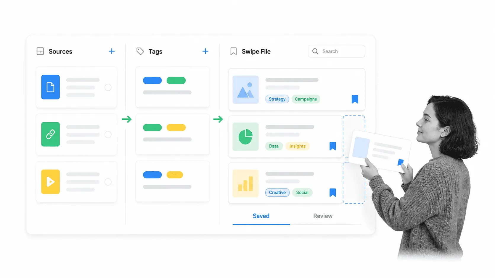 Research library workflow feeding a searchable swipe file with a black-and-white marketer filing a note