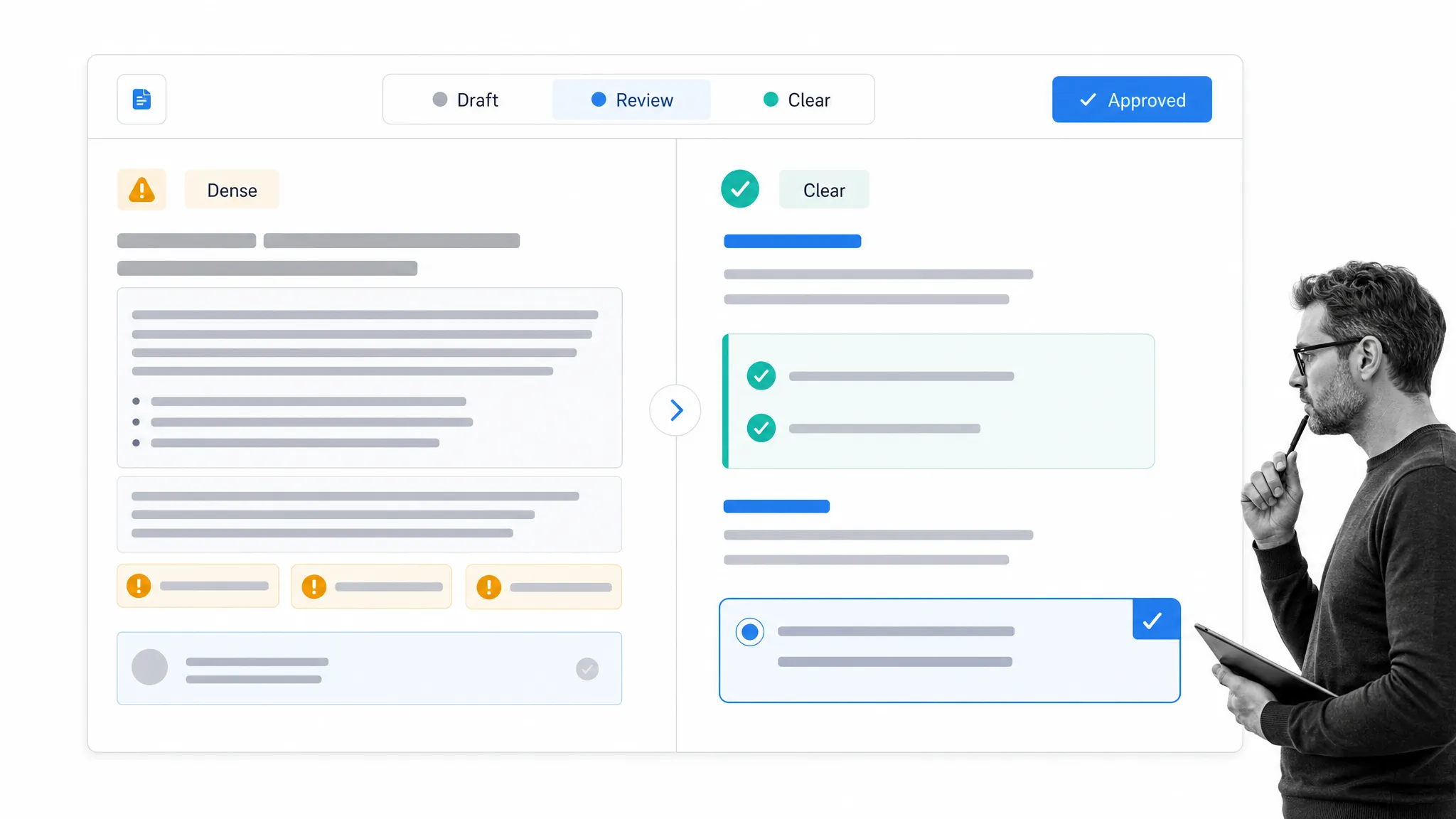 Plain-language rewrite comparison board with a black-and-white editor reviewing clear copy