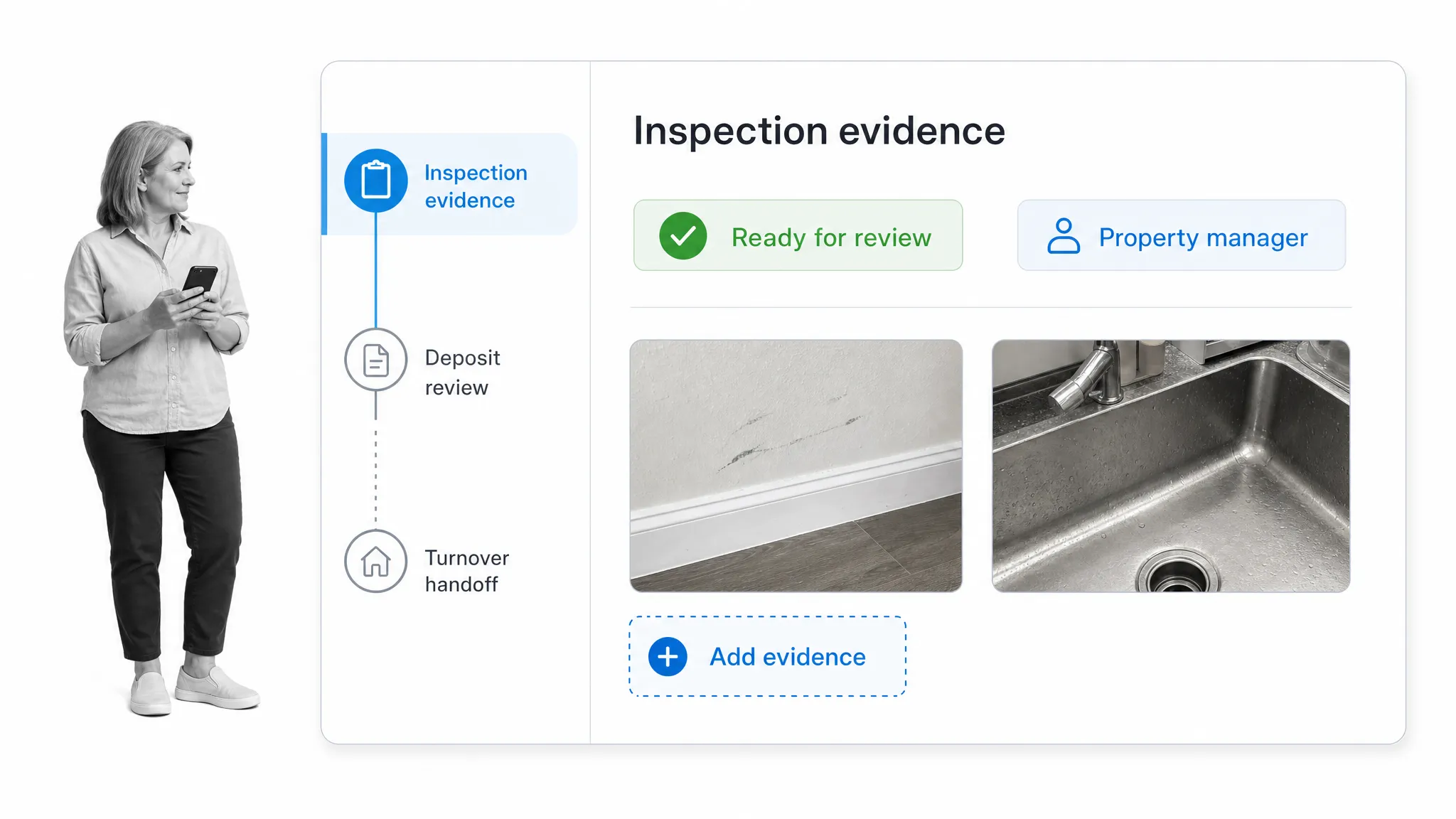 Tenant move-out inspection workflow with evidence and turnover handoff