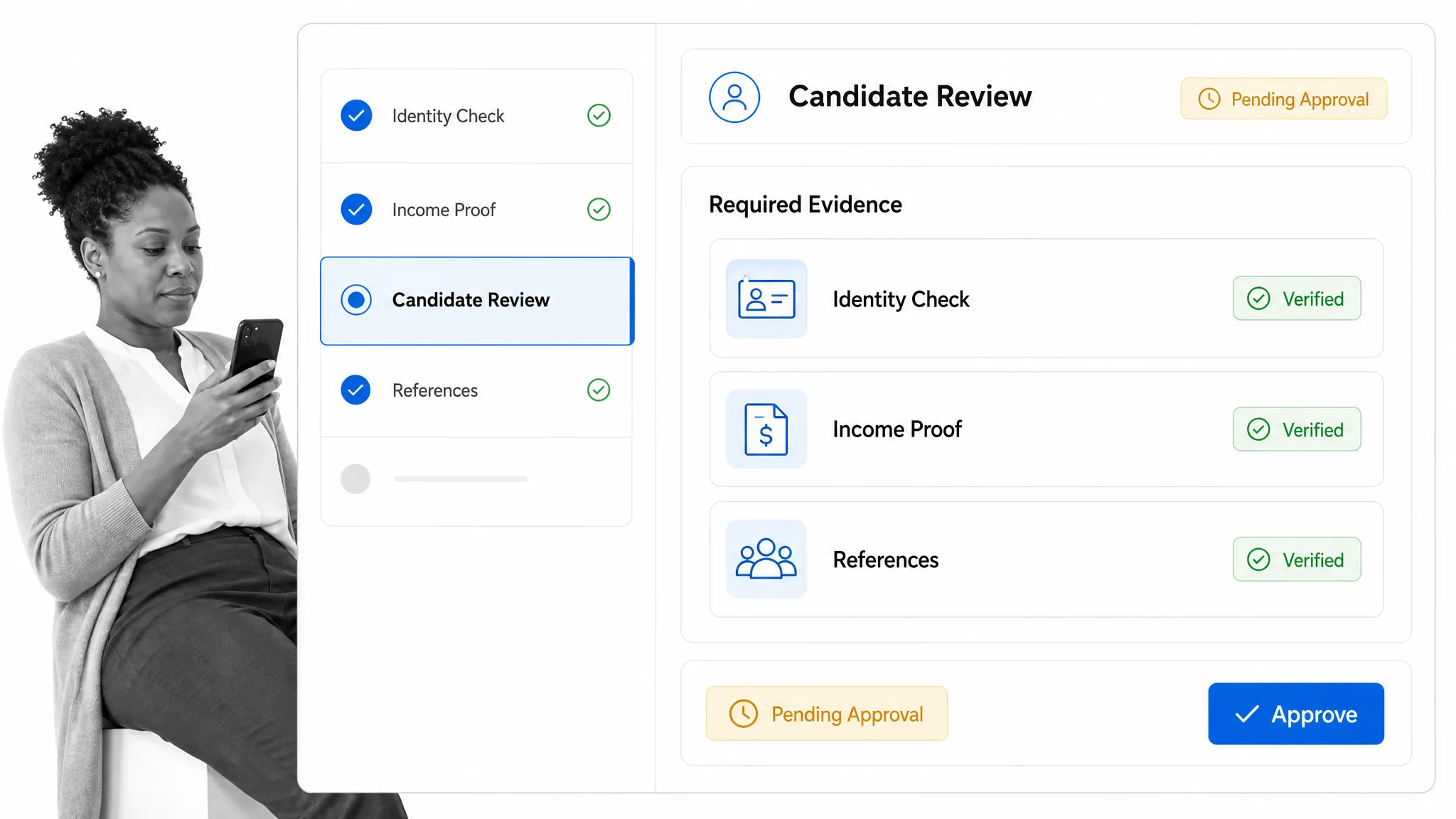 Tenant screening workflow with document checks and approval status