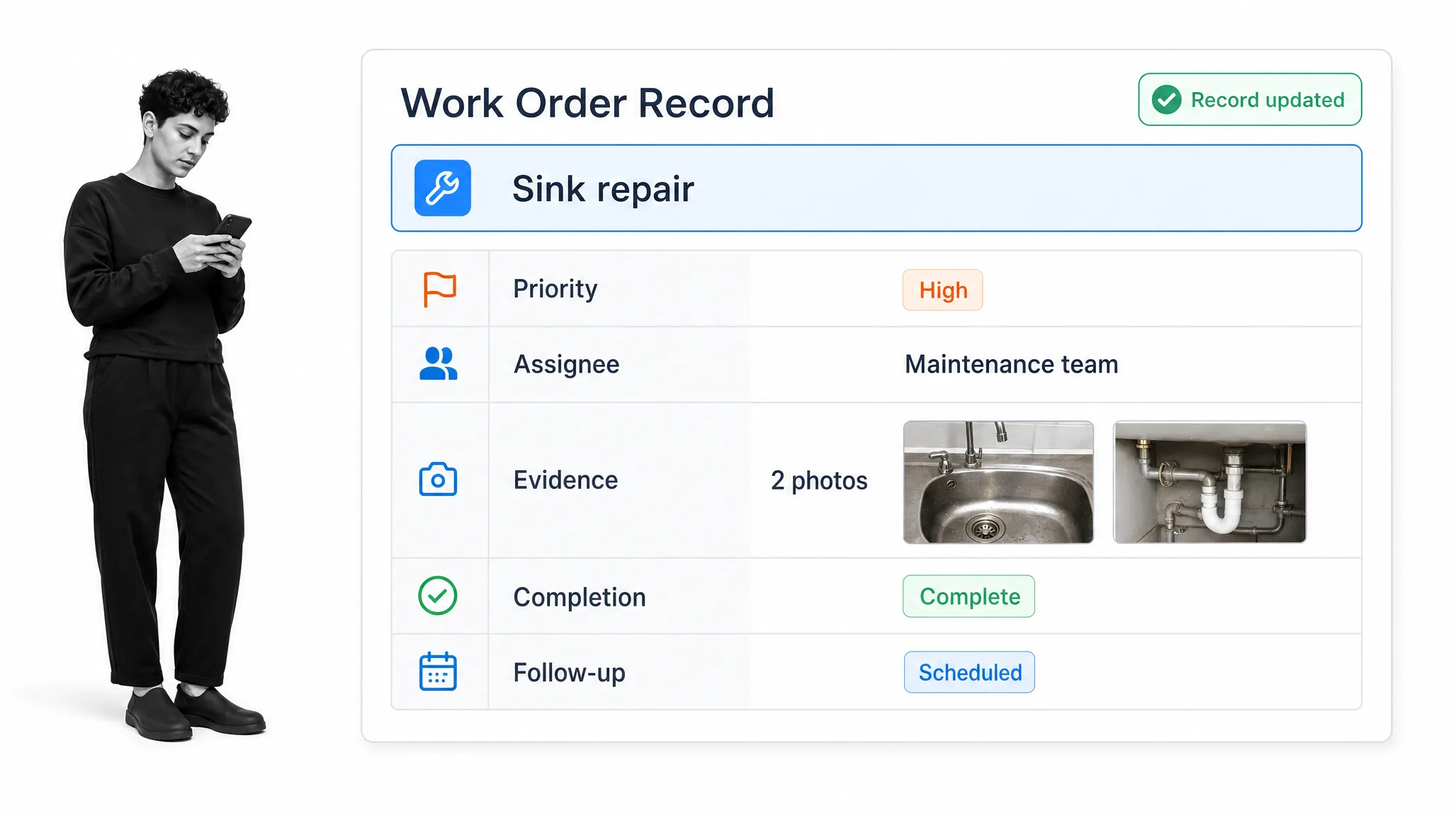Property maintenance log workflow with priority, assignee, and completion evidence