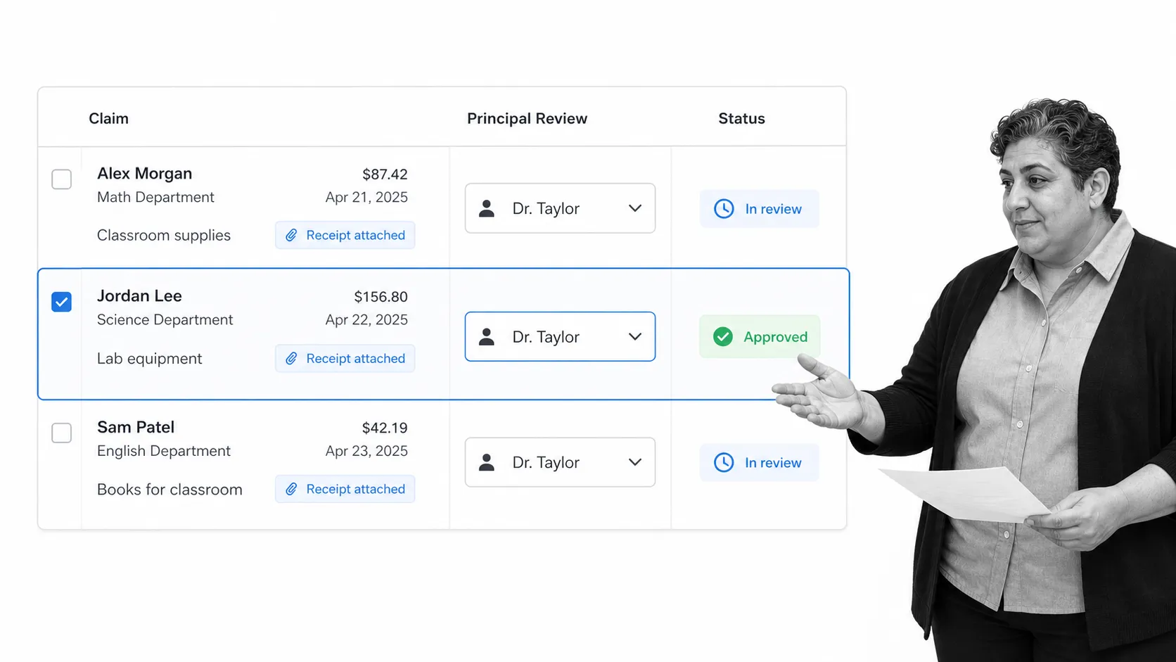 Finance administrator approving a school expense claim with receipt evidence