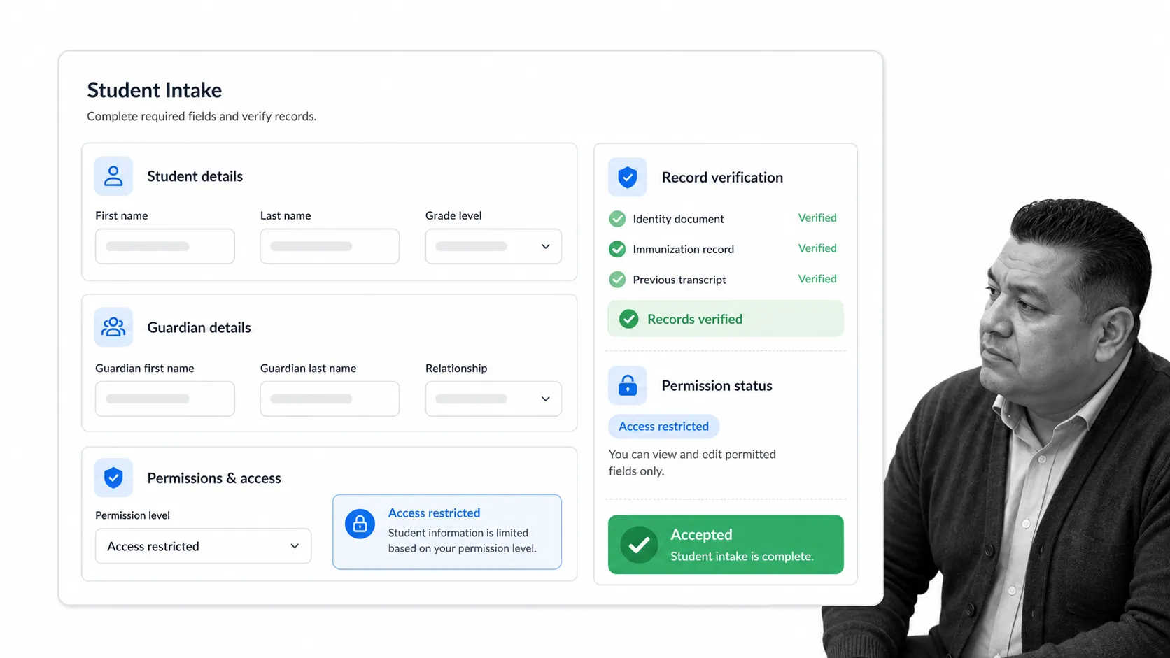 Registrar verifying records in a student registration intake workflow