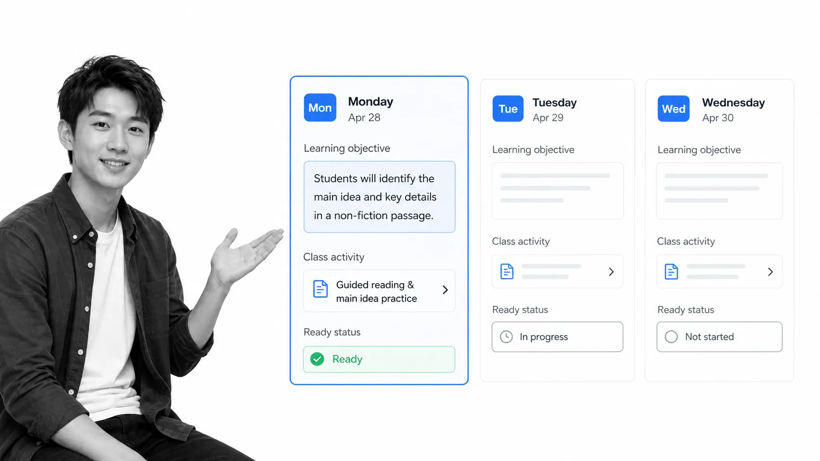 Teacher reviewing a Monday lesson card in a weekly planning workflow