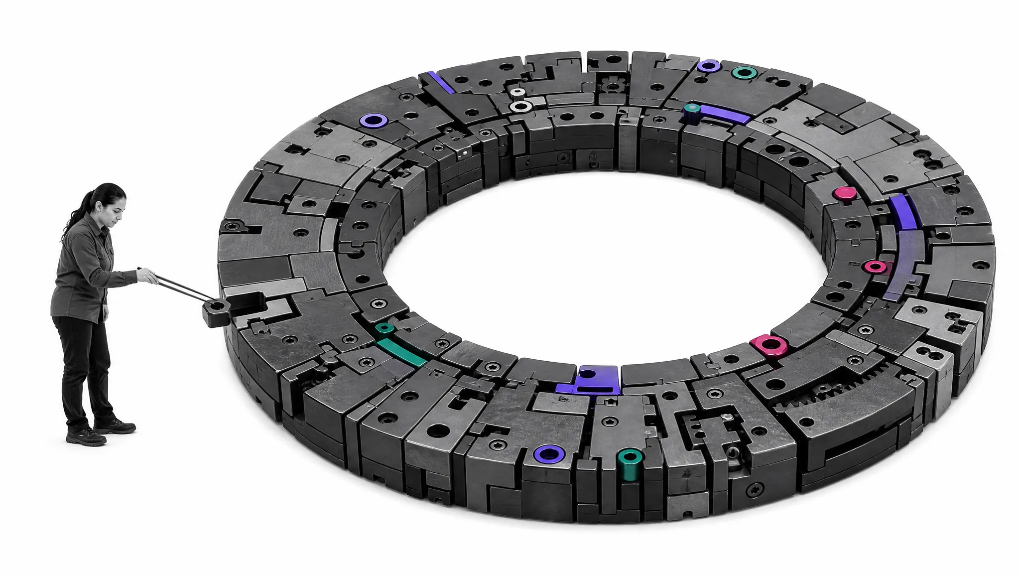 A small black-and-white operations specialist installs the final component in a precision ring assembled from many small parts
